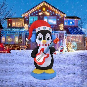 6FT Christmas Inflatable Penguin with Guitar LED Lights for Yard Patio Decor